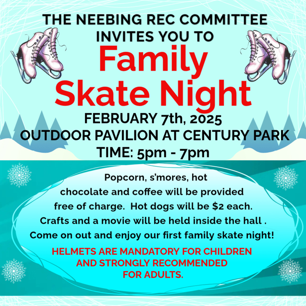 pair of ice skates, ice rink and trees in background